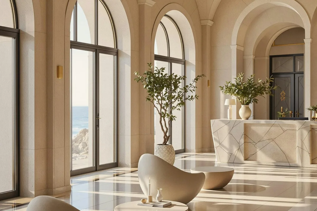 Deniz manzaralı aydınlık bir otel resepsiyonu